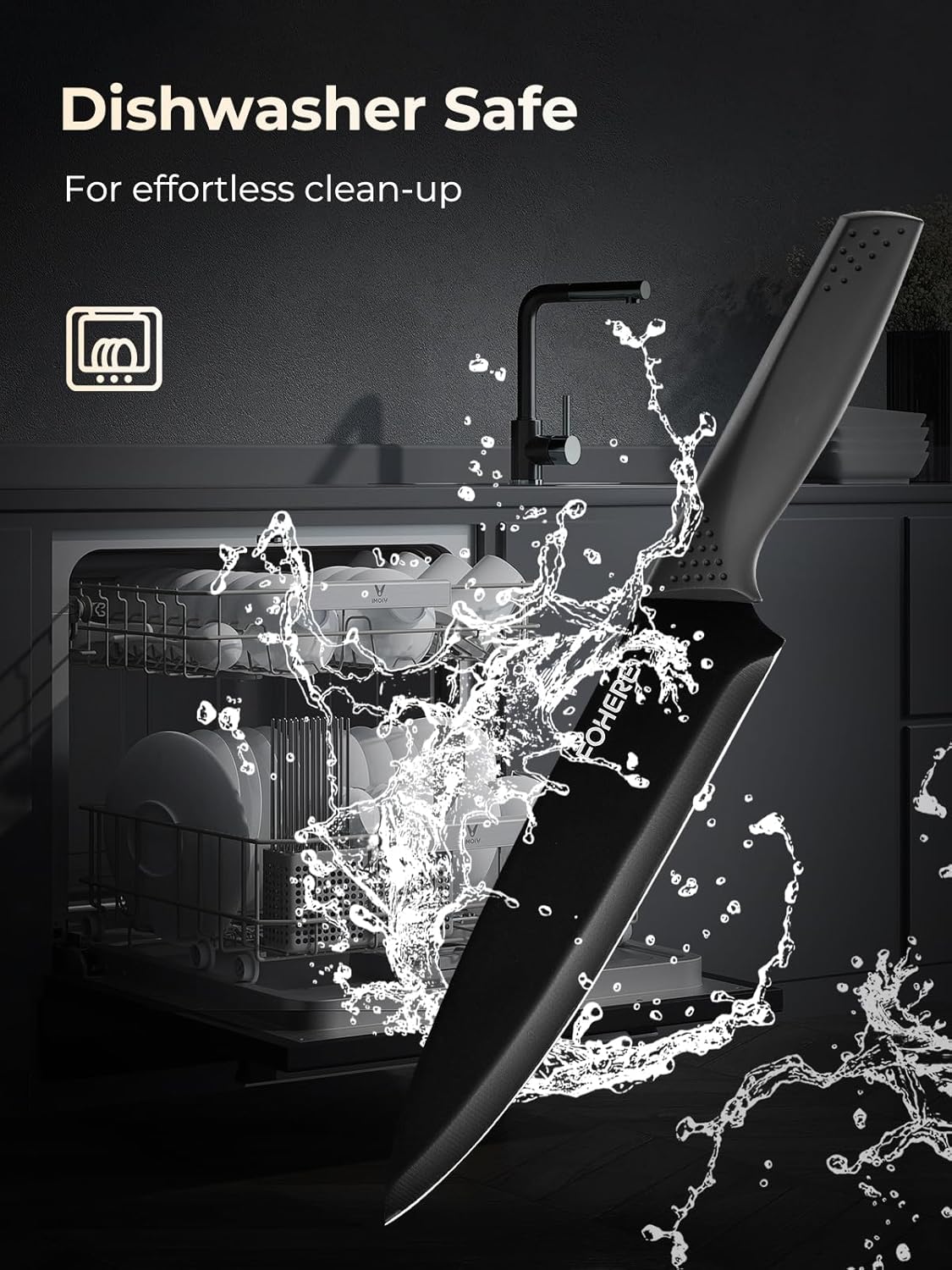 Knife Set FOHERE 8 Pieces Kitchen Knives Set with Block High Carbon Stainless Steel Self-Sharpening Knife Block Set with Built-in Sharpener, Black