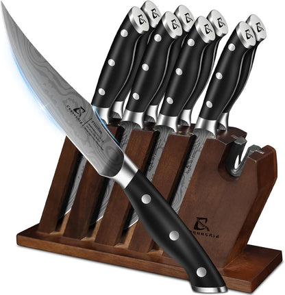 CoquusAid Steak Knives Set of 8, 4.8 Inch Straight Edge Ultra Sharp Durable Meat knives with Rest, High Carbon Stainless Steel Damascus Pattern Triple Rivet Handle, Ideal for Home Restaurant Party
