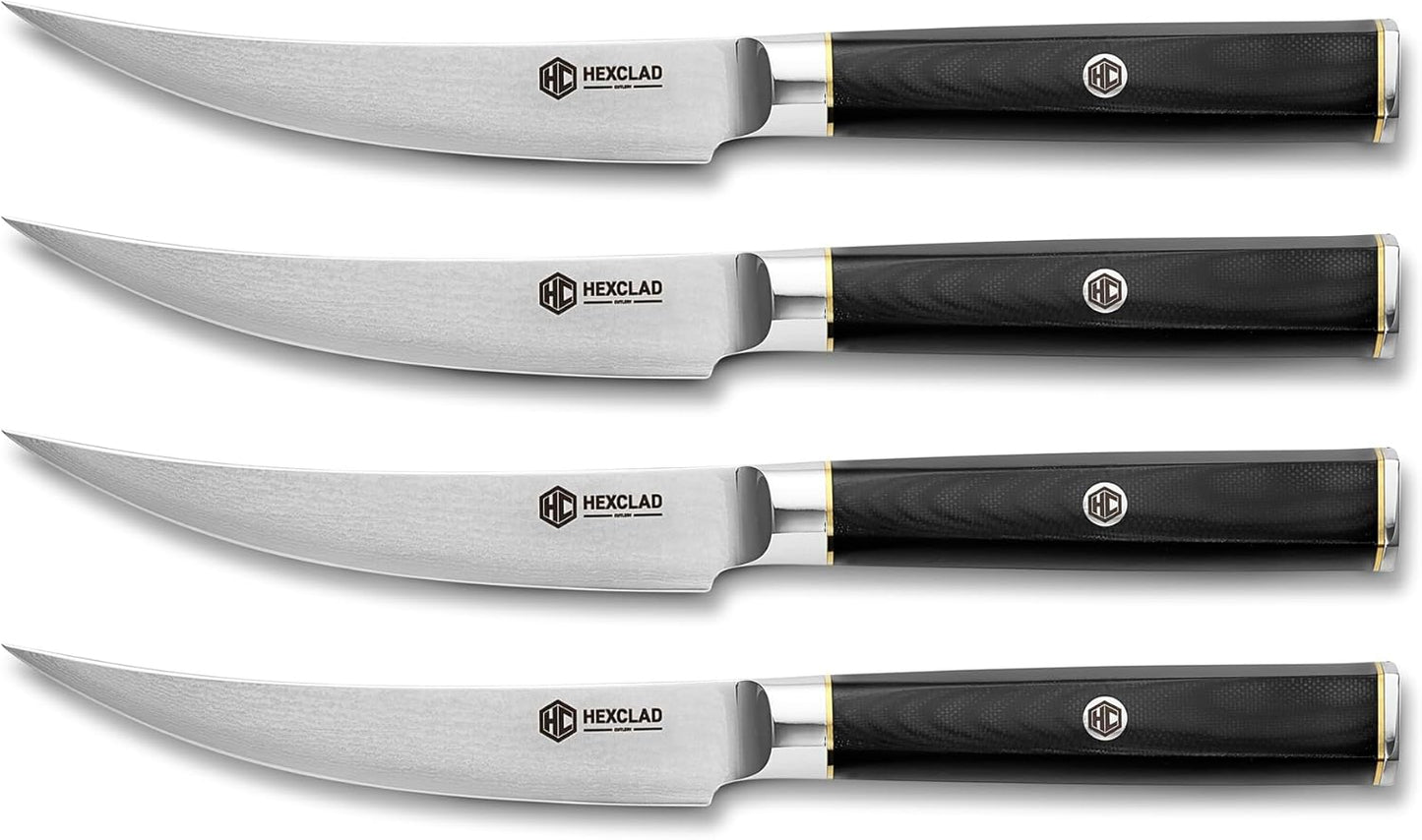 HexClad 4 Piece Master Series Damascus Steel Steak Knife Set, Full Hybrid Tang Construction, Faux Ebony Hexagonal Handle
