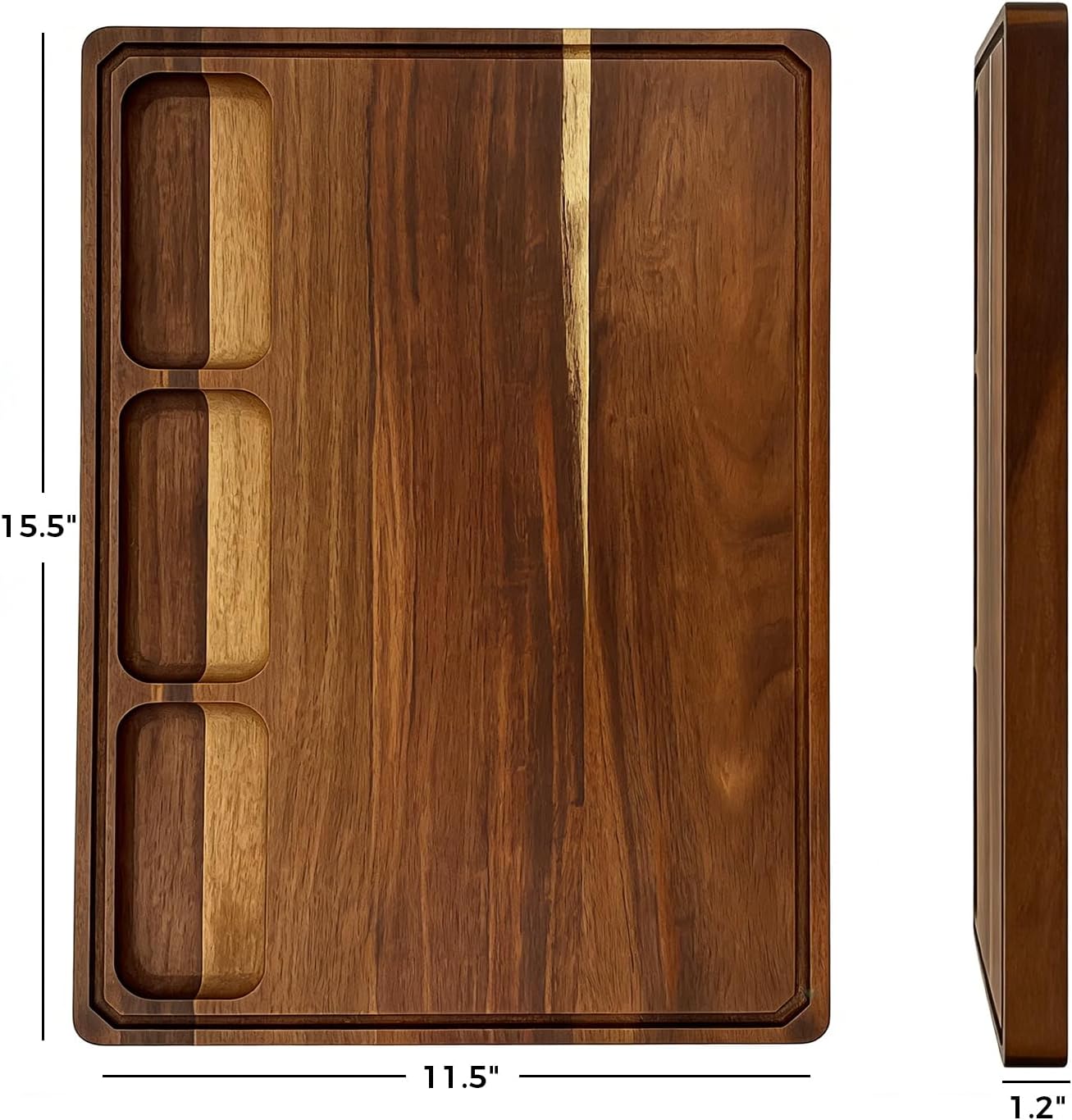 Walnut Cutting Board, Made in USA, FSC-Certified Walnut, Cutting Boards for Kitchen with 3 Built-in Compartments and Juice Grooves, End Grain Cutting Board with Handle, for Meat, Fruit(1.2" Thick)