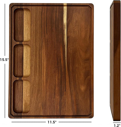 Walnut Cutting Board, Made in USA, FSC-Certified Walnut, Cutting Boards for Kitchen with 3 Built-in Compartments and Juice Grooves, End Grain Cutting Board with Handle, for Meat, Fruit(1.2" Thick)