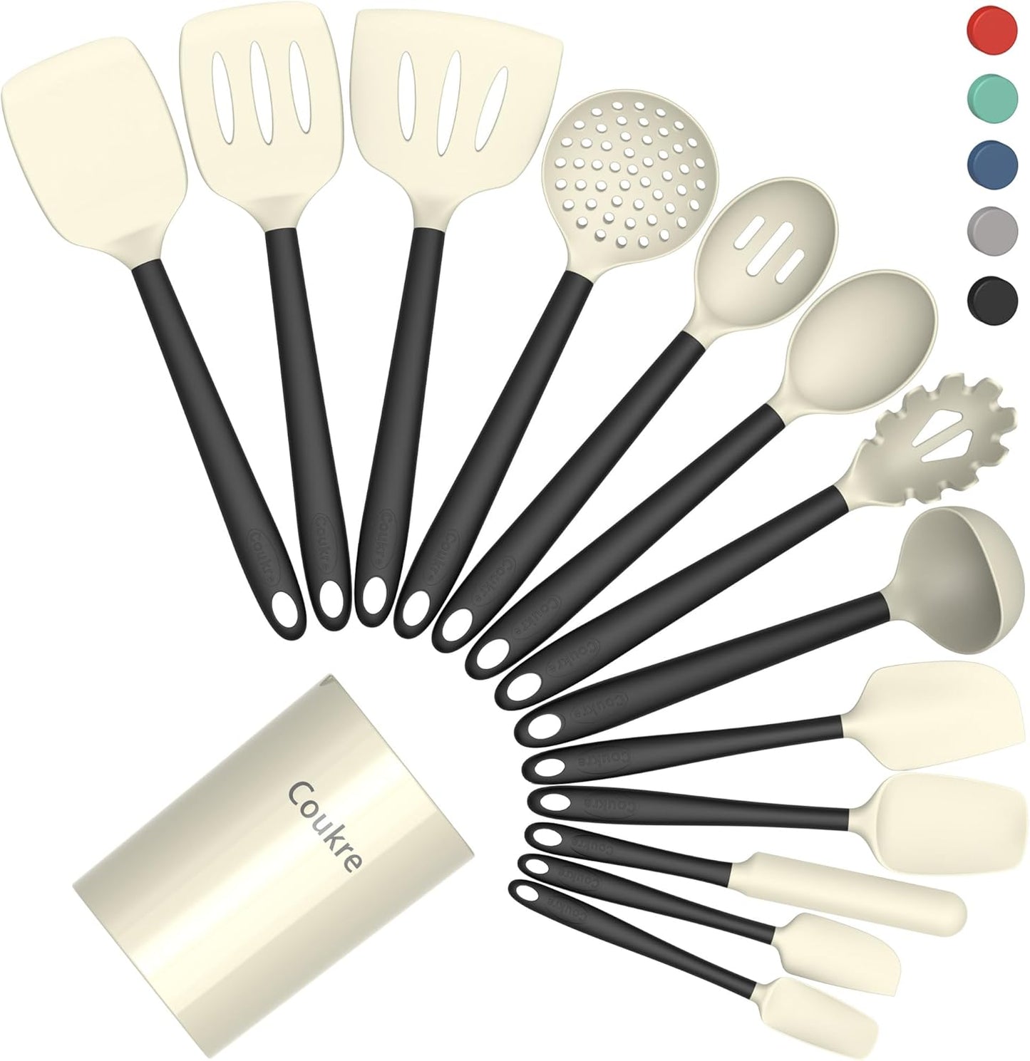 Coukre Silicone Kitchen Cooking Utensils Set with Holder – Heat-Resistant, Food-Grade Kitchen Tools, Spatula, Spoon & Gadgets for Non-Stick Pans, Dishwasher Safe (14, PureBlack)