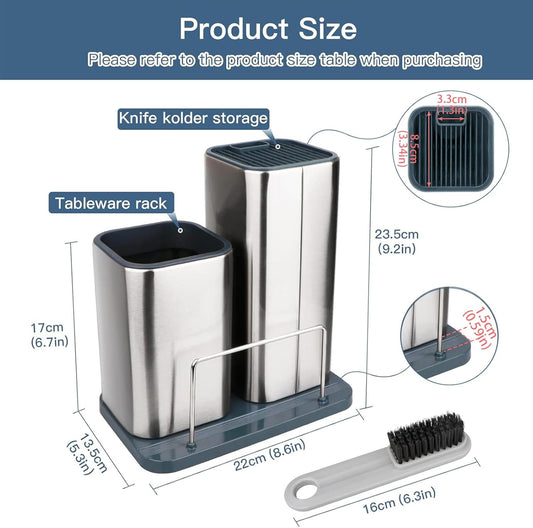 Universal Knife Block, Stainless Steel Universal Knife Holder Block Without Knives, Modern Kitchen Knife Storage Organizer for Countertop (with Cleaning Brush) (Stainless Steel/Silver)