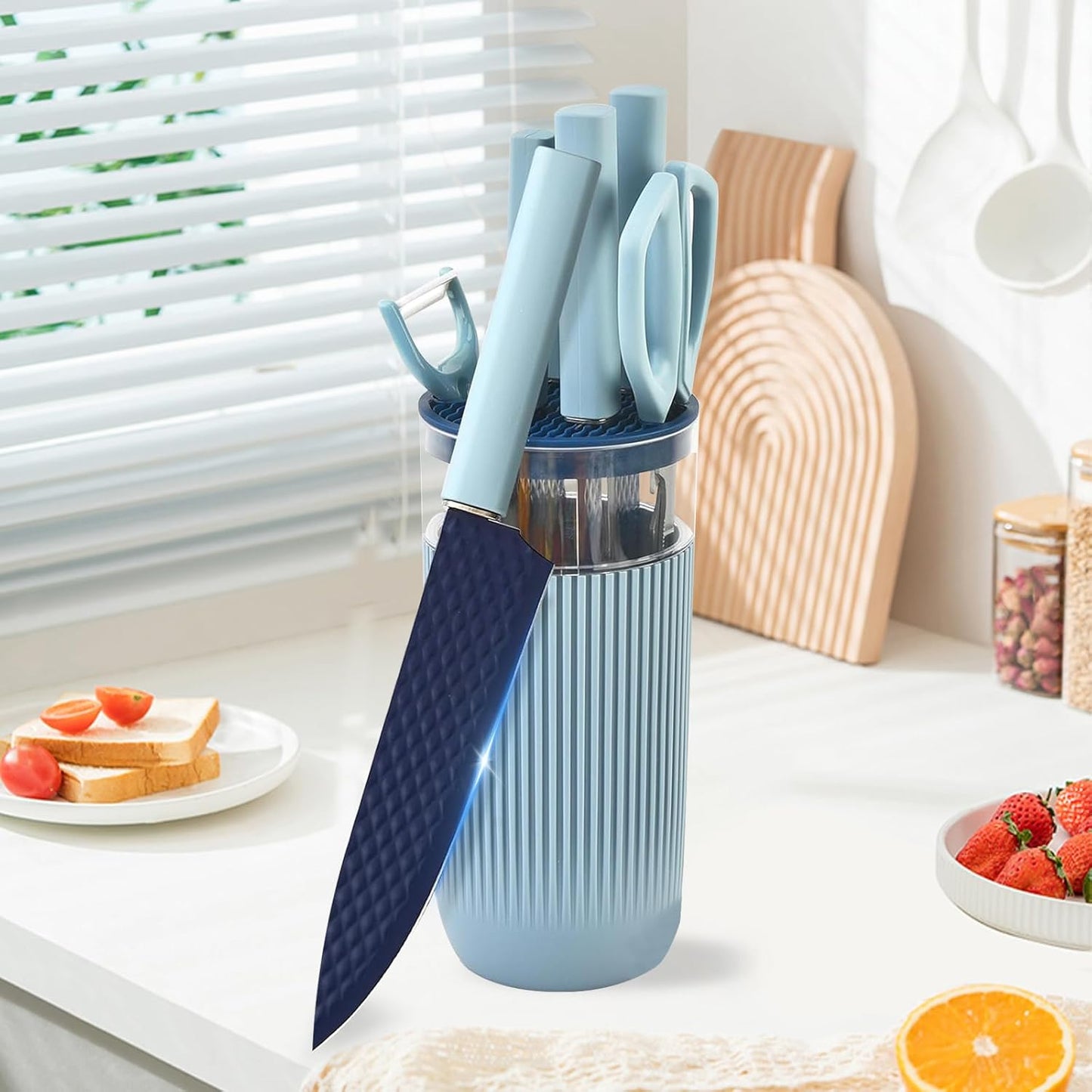 Kitchen Knife Set with Block, 7-Piece Kitchen Knife Set for Chef with Universal Knife Block, Anti-Rust Kitchen Knife Block Set, Ergonomic Design