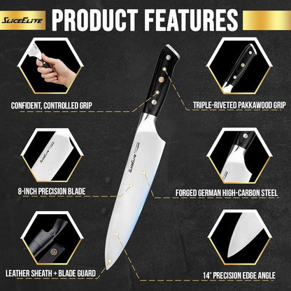 SliceElite Slice Series 8 Inch Carving Knife High Carbon German Stainless Steel Pakkawood Handle Brisket Slicer Chopper BBQ Chef Sharp Fruit Vegetable Butcher Kitchen Cutting Meat Tool Gift Precision