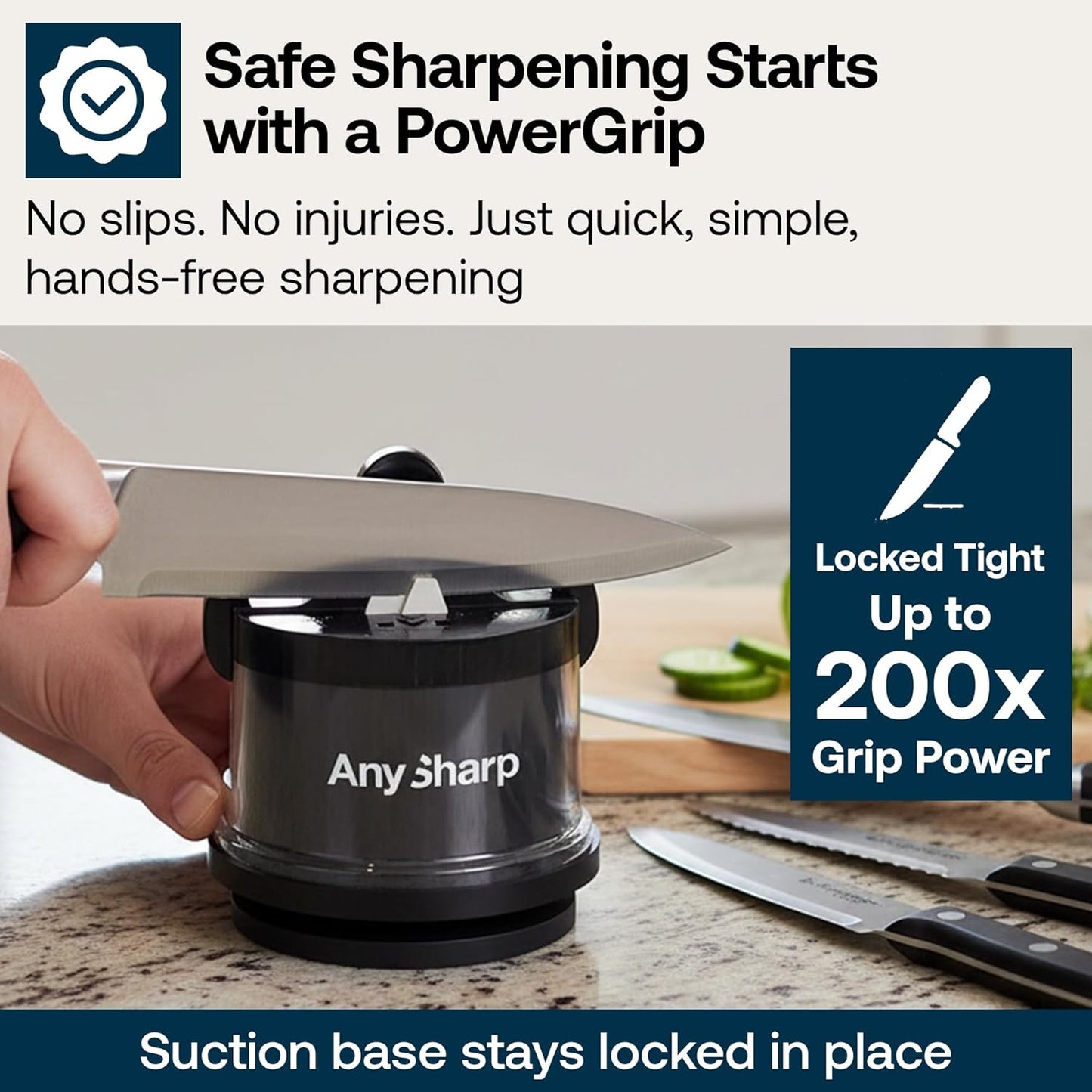 AnySharp – PRO – Hands Free Knife Sharpener - Easy to Use Sharpening Tool with PowerGrip Suction Base and 20-Degree Pre-set Angle - For All Knives: Chef’s, Serrated, and Hardened Steel - Metal
