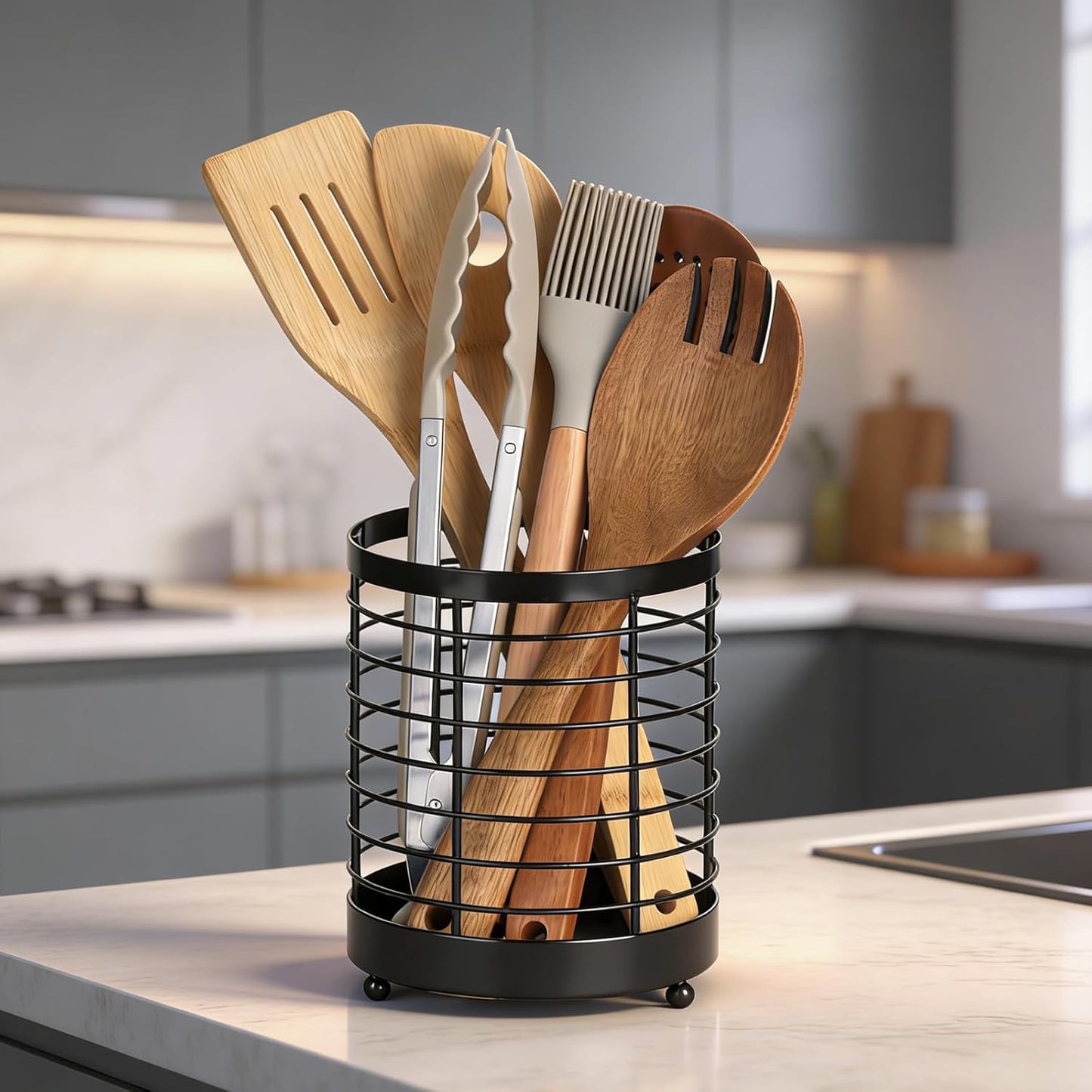 Utensil Holder for Kitchen Counter, Stainless Steel Utensil Crock for Cooking Tools, Spatula, Silverware Forks, Knives, Spoons Countertop Organizer