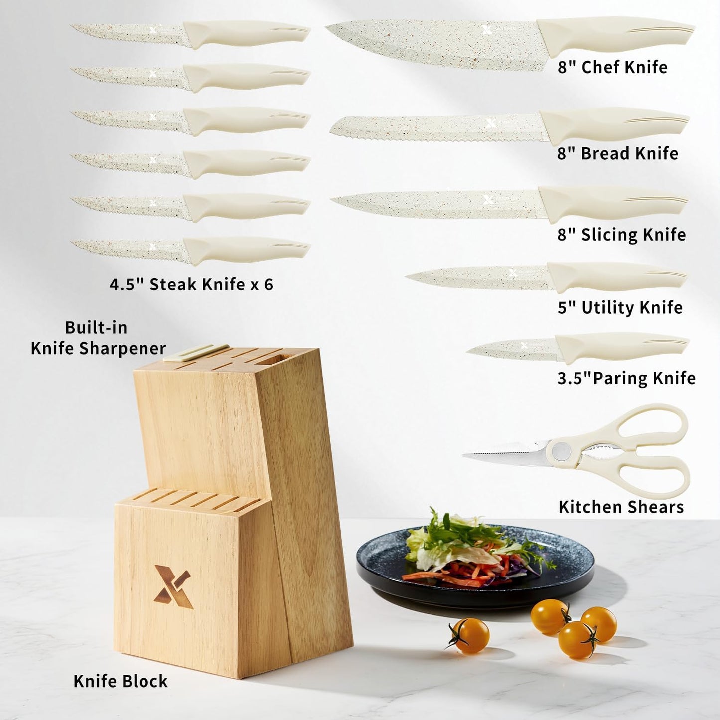 XANAPON Knife Set, 14 Pieces Kitchen Knife Set, High Carbon German Stainless Steel, Dishwasher Safe Cutlery with Sharpener, Black