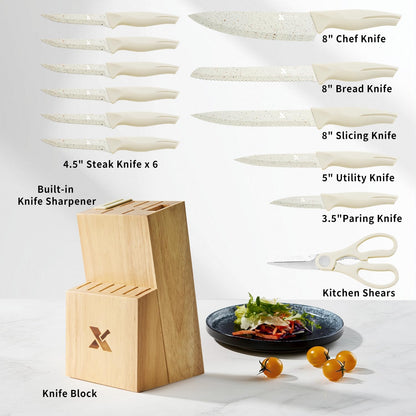 XANAPON Knife Set, 14 Pieces Kitchen Knife Set, High Carbon German Stainless Steel, Dishwasher Safe Cutlery with Sharpener, Black