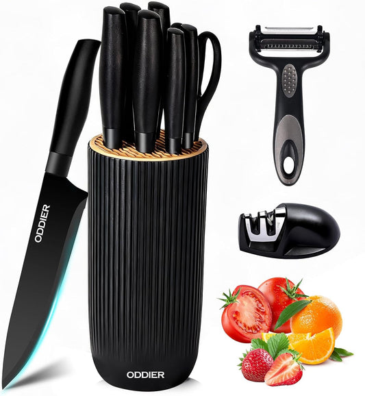 Knife Set, 10 Piece Kitchen Knife Set with Block and Sharpener, Anti-Rust Stainless Steel Knives Set for Kitchen, Chef Universal Knife Block Set, Dishwasher Safe, Ergonomical Design, Black