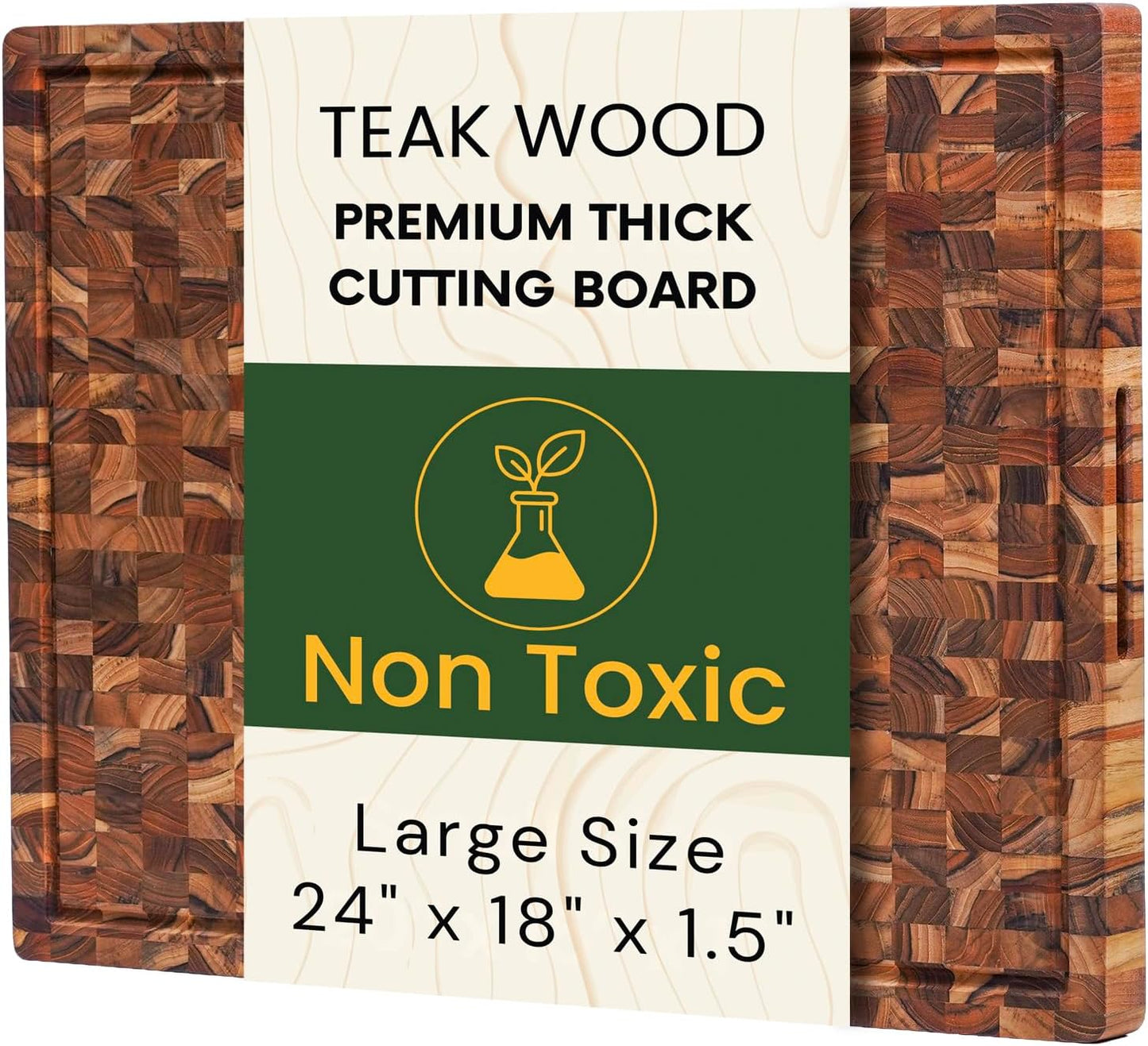Premium End Grain Teak Cutting Board 12" x 8" x 1" with Handle & Juice Groove, Medium Thick Solid Non-toxic Wood Butcher Block for Meat, Fruit, Cheese & Kitchen Prep by New M Way