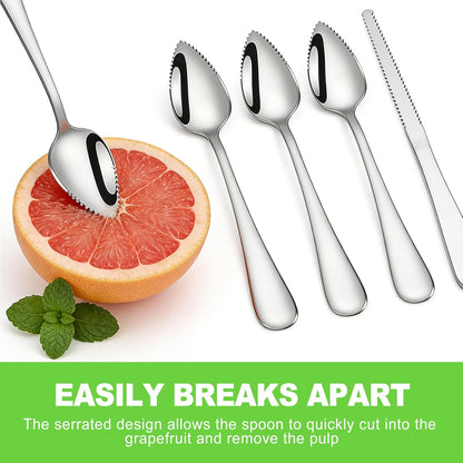 5 PCS Grapefruit Spoon and Knife Set Stainless Steel Fruit Utensils Multipurpose Kitchen Tools for Grapefruit Kiwi Oranges Dessert Heavy Duty Silver includes 4 Spoons and 1 Knife