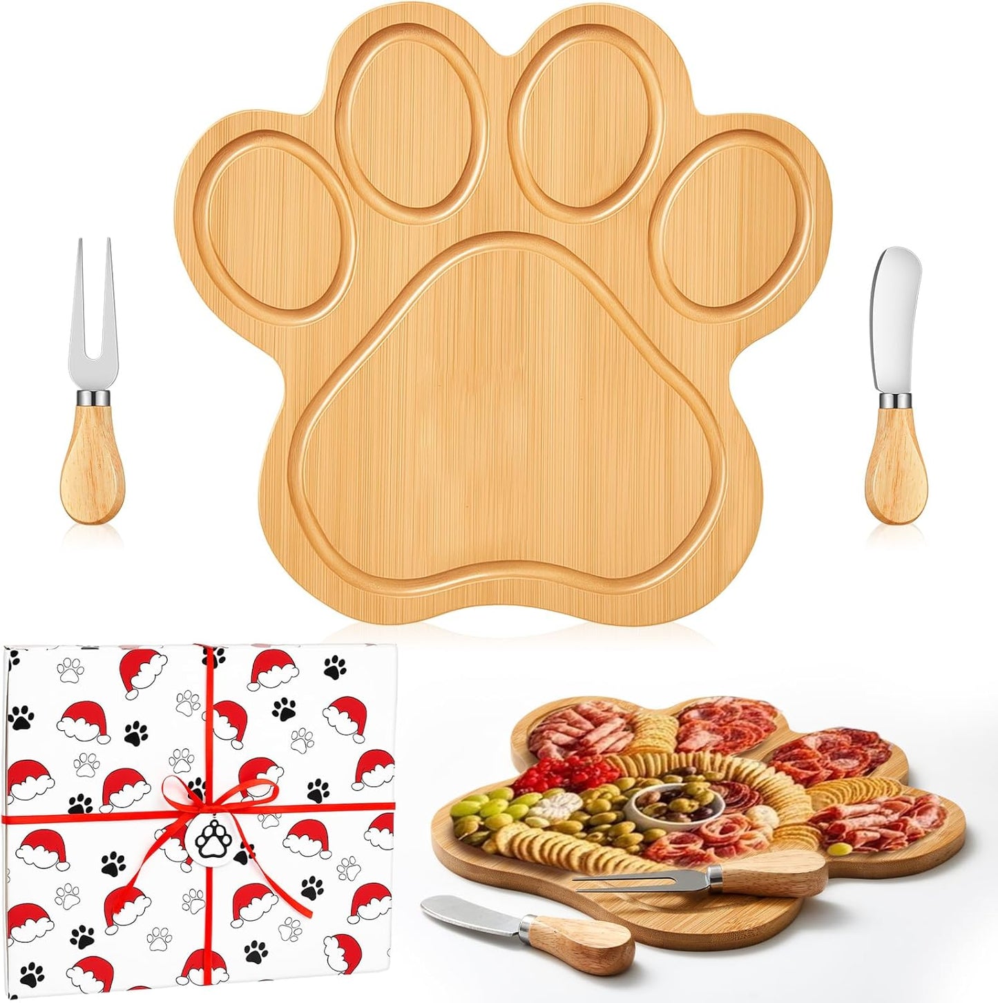 Ziliny Dog Paw Charcuterie Board Gift Set with Knives, Paw Print Cutting Cheese Board Dog Lovers Gifts for Women Acacia Wooden Puppy Platter for Christmas Housewarming Pet Lover Kitchen