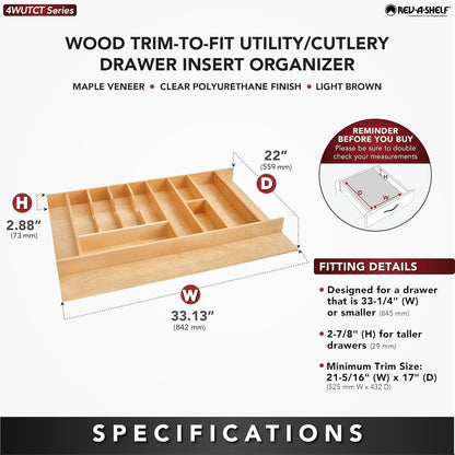 Rev-A-Shelf Trim-to-Custom-Fit Silverware Drawer Organizer For Kitchen Utensils, Cutlery Cabinet Storage Divider Insert, 33.11" x 21.97", Maple Wood, 4WUTCT-36SH-1