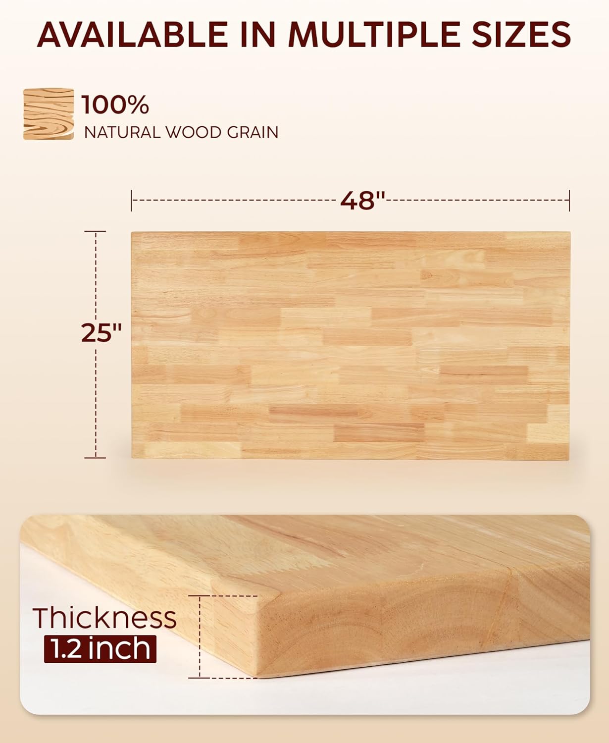 Hevea Butcher Block Countertop, 25"×24"×1.5" Solid Wood Butcher Block, Unfinished Wood Table Top DIY Cut for Kitchen Island, Cutting Board, Washer Dryer Countertop, Living and Dining Room Table 2ft