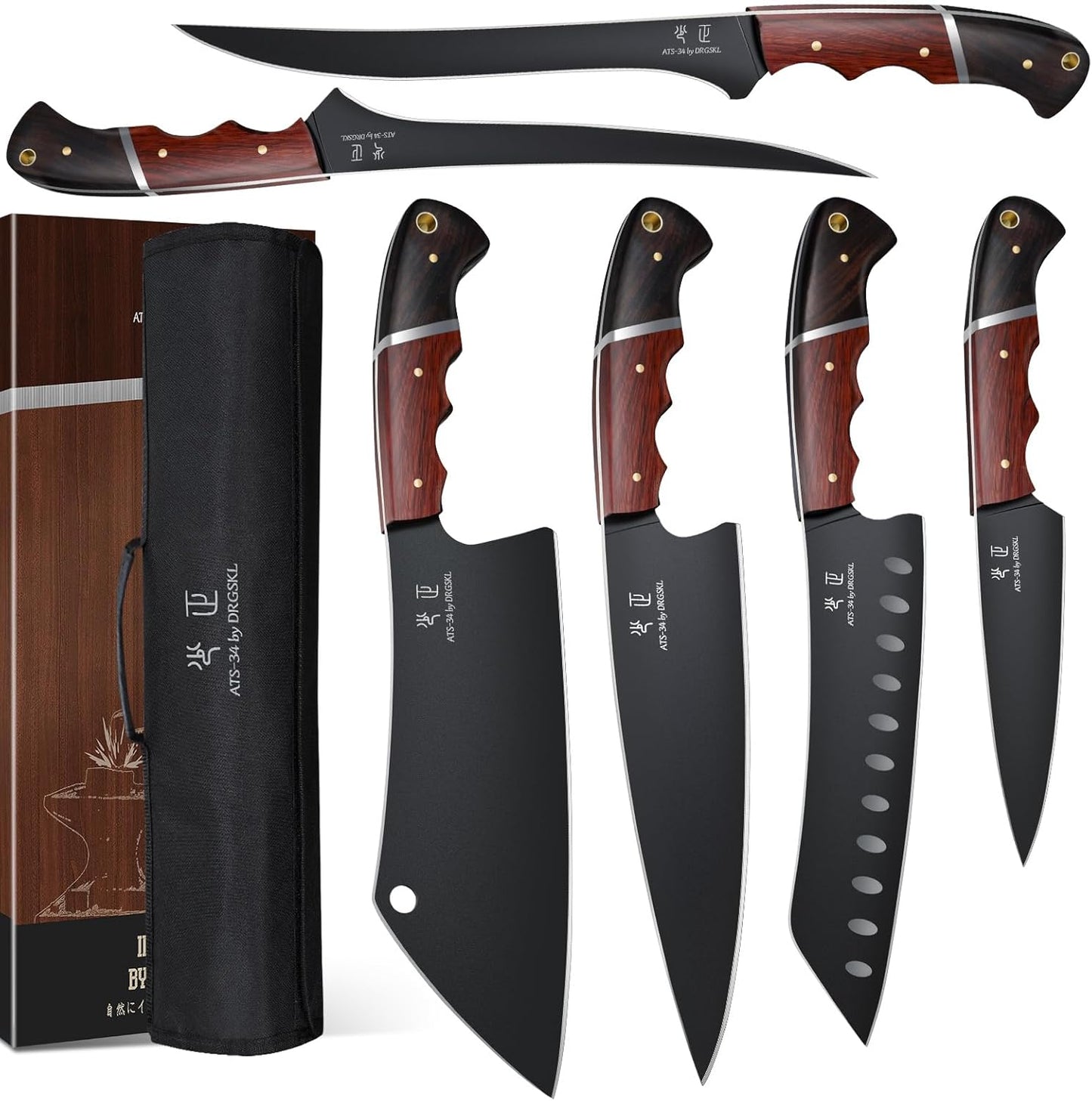 DRGSKL Boning Knife 7 inch - Brisket Trimming Knives for Meat Cutting, Black Butcher Slicing Knives with Full Tang Handle, Kitchen Fillet Knife for Birthday Dad Mom Gift