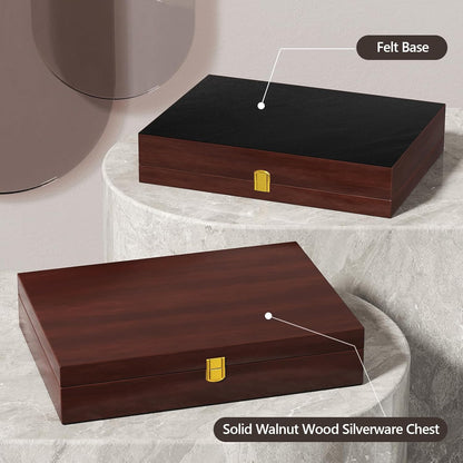 Solid Walnut Silverware Storage Box, 2-Layer Silverware Chest with Drawer, Flatware Case with Lid and Felt Lined, Wood Flatware Storage Box Holds 12-16 Sets of Utensils, Wedding Housewarming Gifts