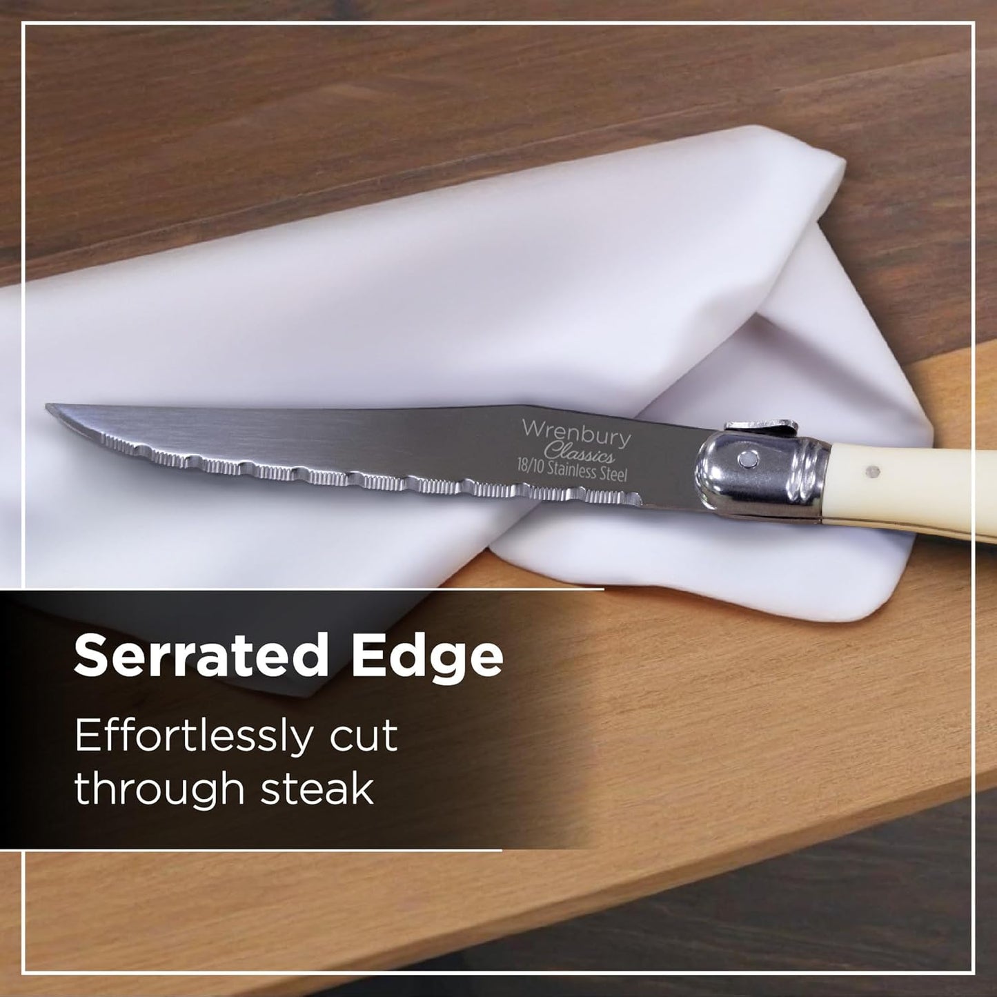 Wrenbury Laguiole Steak Knives Set of 6 Stainless Steel French Design Serrated Dinner Knife Set for Dining and Gifting - Ivory