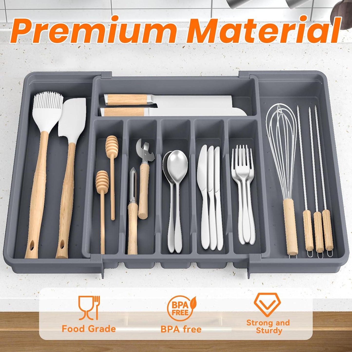 RoomHacks Large Silverware Organizer,Expandable Utensil Drawer Organizer,BPA Free Utensil Holder,Adjustable Silverware Tray Cutlery Drawer Organizer for Kitchen Flatware,Large,Black (6-8 Slots)