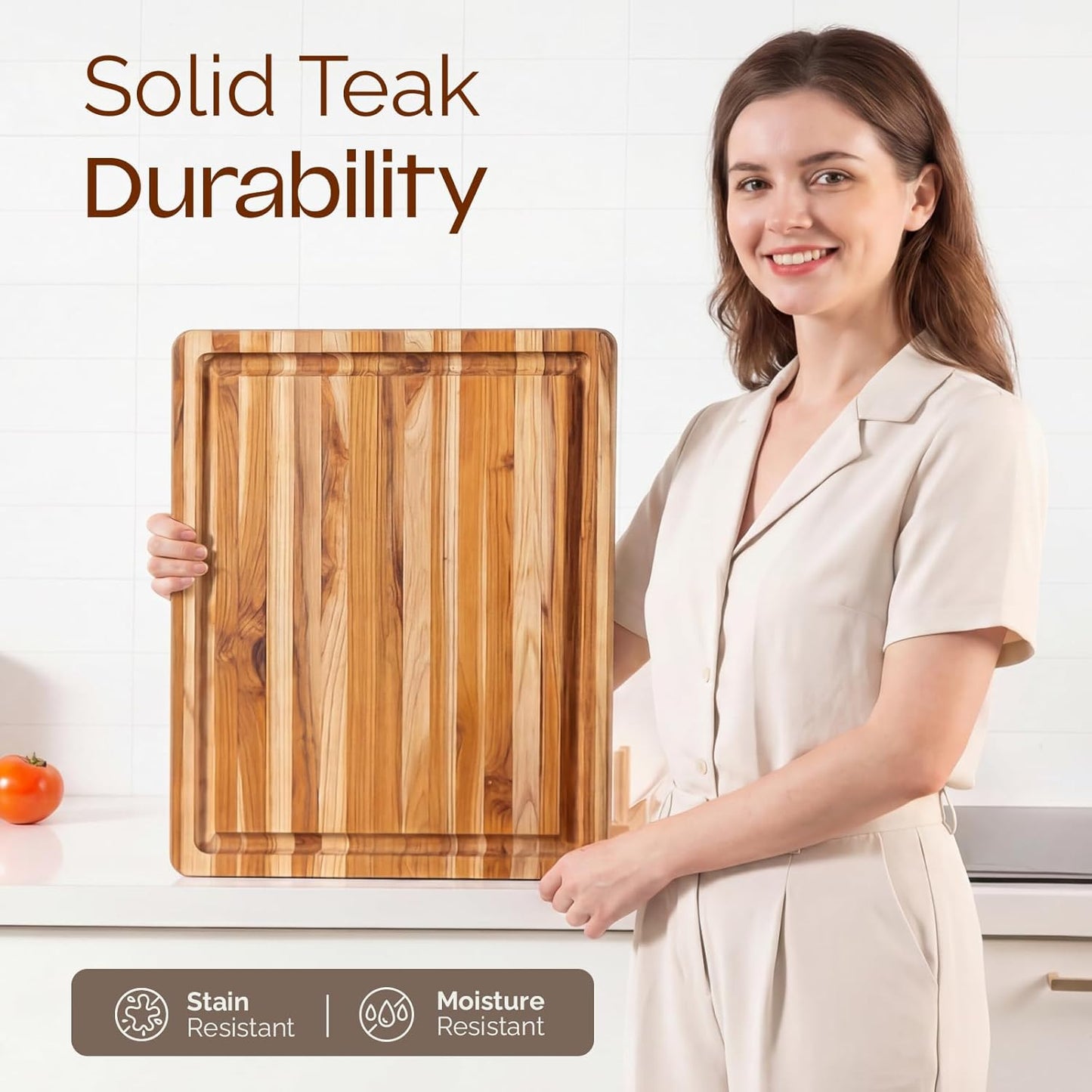 Yes4All Durable Acacia Cutting Boards for Kitchen, [17''Lx13''Wx1.5” Thick] Medium Edge Grain Cutting Board, Pre Oiled Wood Cutting Boards, Thick Chopping Board w/Juice Grooves and Easy Grip Handle
