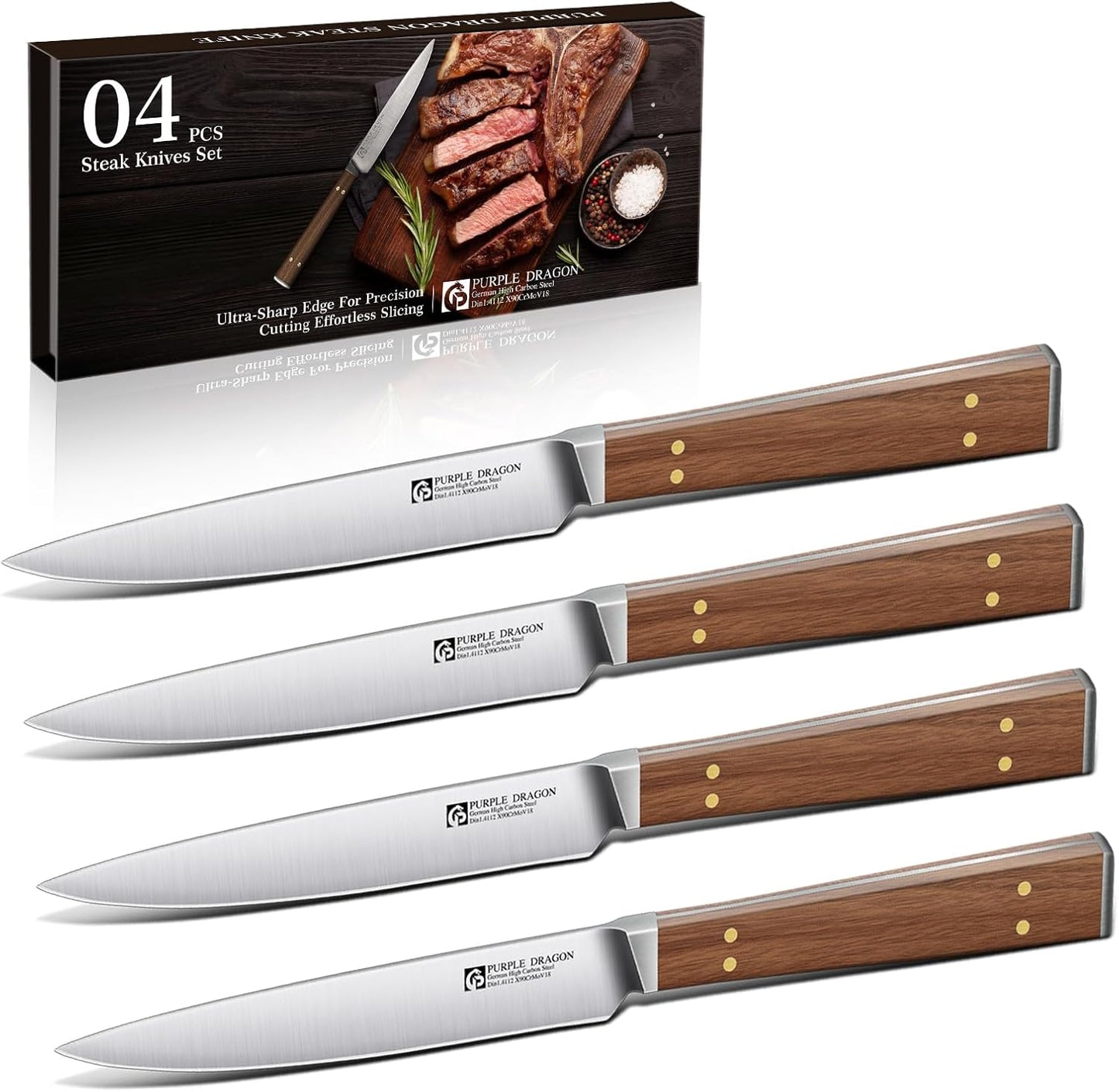 Purple Dragon Serrated Steak Knives Set of 4 - High Carbon German Steel Steak Knife Set with Square Wooden Handle - Effortless Cutting - Christmas Gift for Men and Women