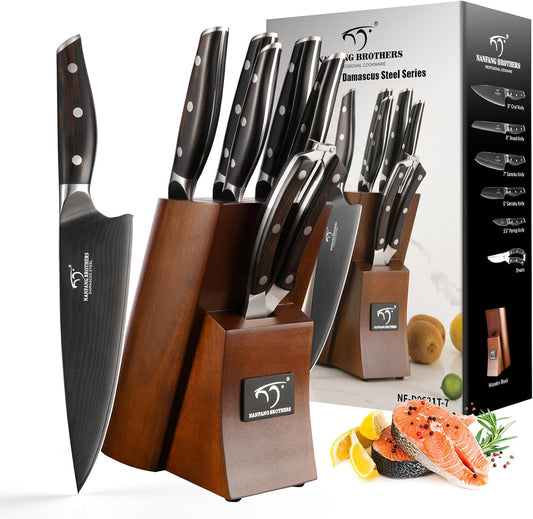 Damascus Kitchen Knife Set, 9 Pieces With Block, White ABS Triple Rivet Ergonomic Handle for Chef Knives, Sharpener and Shears
