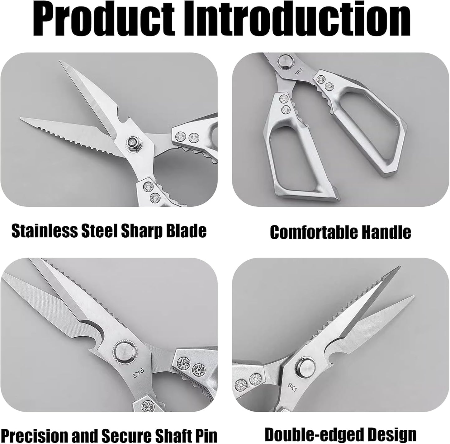 Stainless Steel Kitchen Scissors, Kitchen Scissors All Purpose, Stainless Steel Cooking Aid Scissors Heavy Duty Poultry Shears Sharp Silver Meat Scissors Dishwasher Safe