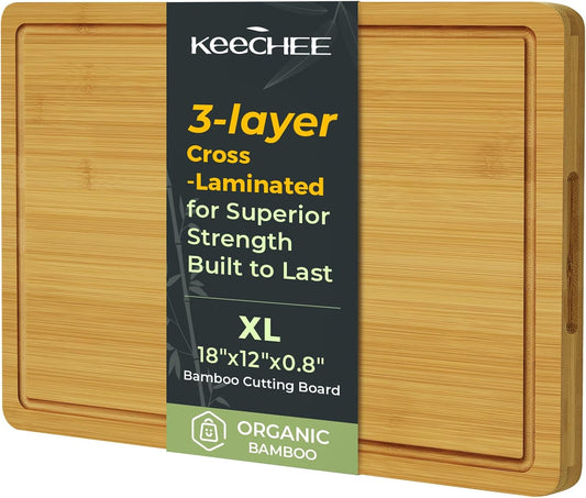 Keechee Bamboo Cutting Board, Durable Wood Cutting Boards for Kitchen with Deep Juice Grooves & Built-in Handles, Ideal Charcuterie & Chopping for Meat, Vegetables and Fruits Ideal Kitchen Gifts