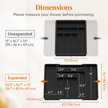 Lifewit Expandable Silverware Drawer Organizer, Adjustable Utensil Cutlery Tray for kitchen, Plastic Flatware Spoon Fork Knives Holder Storage Divider, 2 Pack, Black