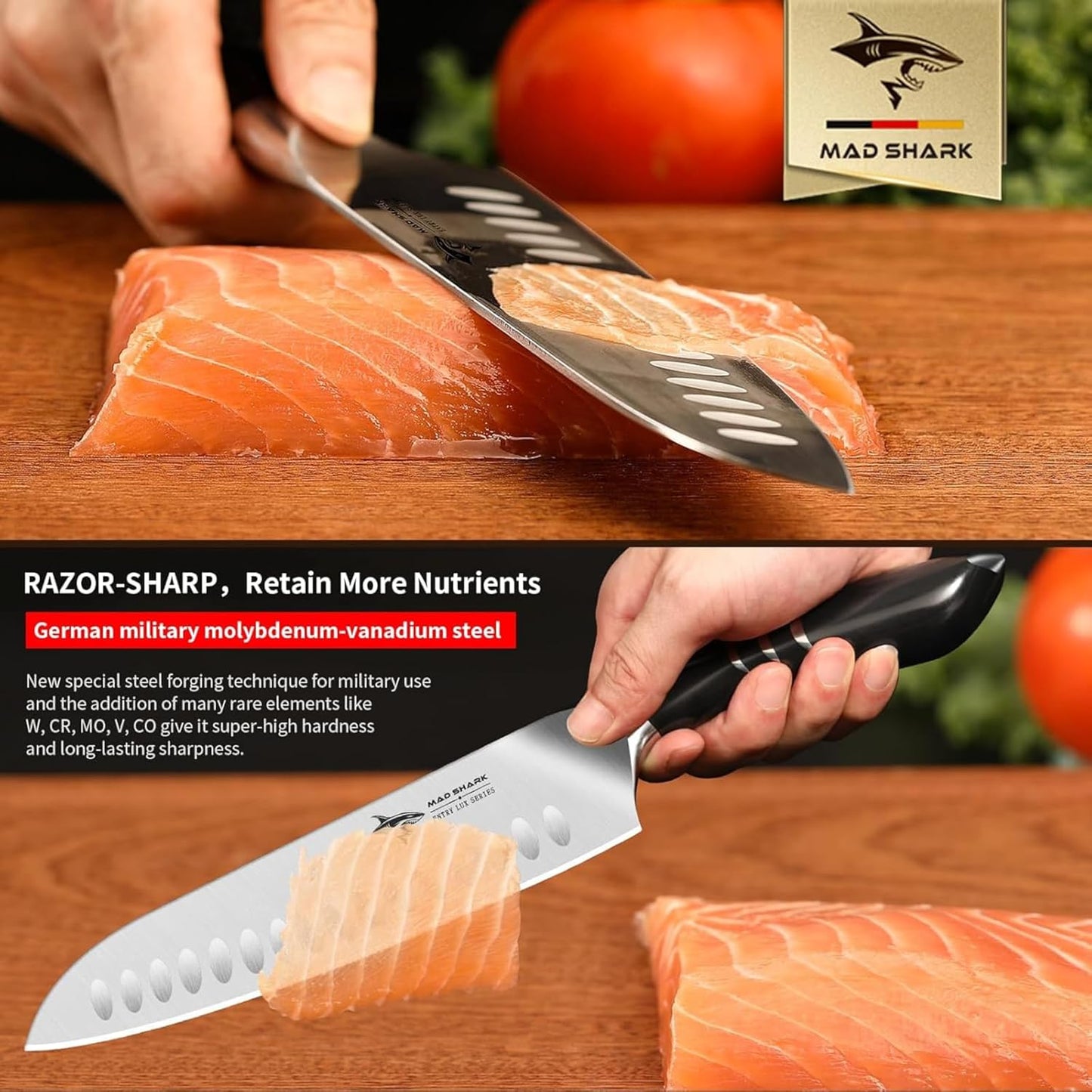 MAD SHARK 8 Inch Santoku Knife - Ultra Sharp Japanese Kitchen Knife with High Carbon German Steel, Ergonomic Handle, Ideal for Slicing, Dicing, Cutting - Unique Gift for Chefs, Men & Women (Black)