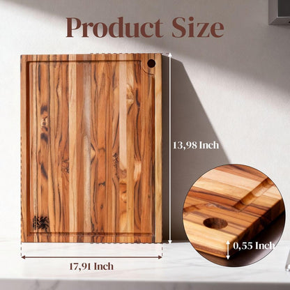 Teak Wood Cutting Board 18" x 14" x 0.6", 2-Piece Set for Kitchen Meat & Food Prep - Large Thin Edge Grain, Deep Juice Groove, Lightweight Solid Hardwood, Non-Toxic, BPA Free by New M Way