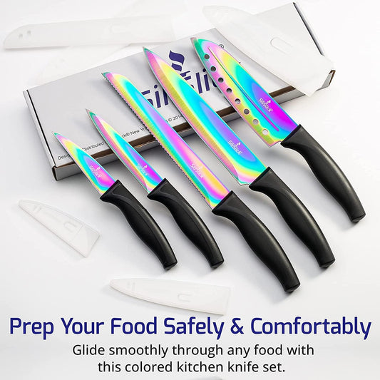 SiliSlick Kitchen Knife Set, Rainbow Titanium Coated Blades, High Carbon Stainless Steel, Chef, Santoku, Bread, Utility and Pairing Knives, Ergonomic Better Grip Handles