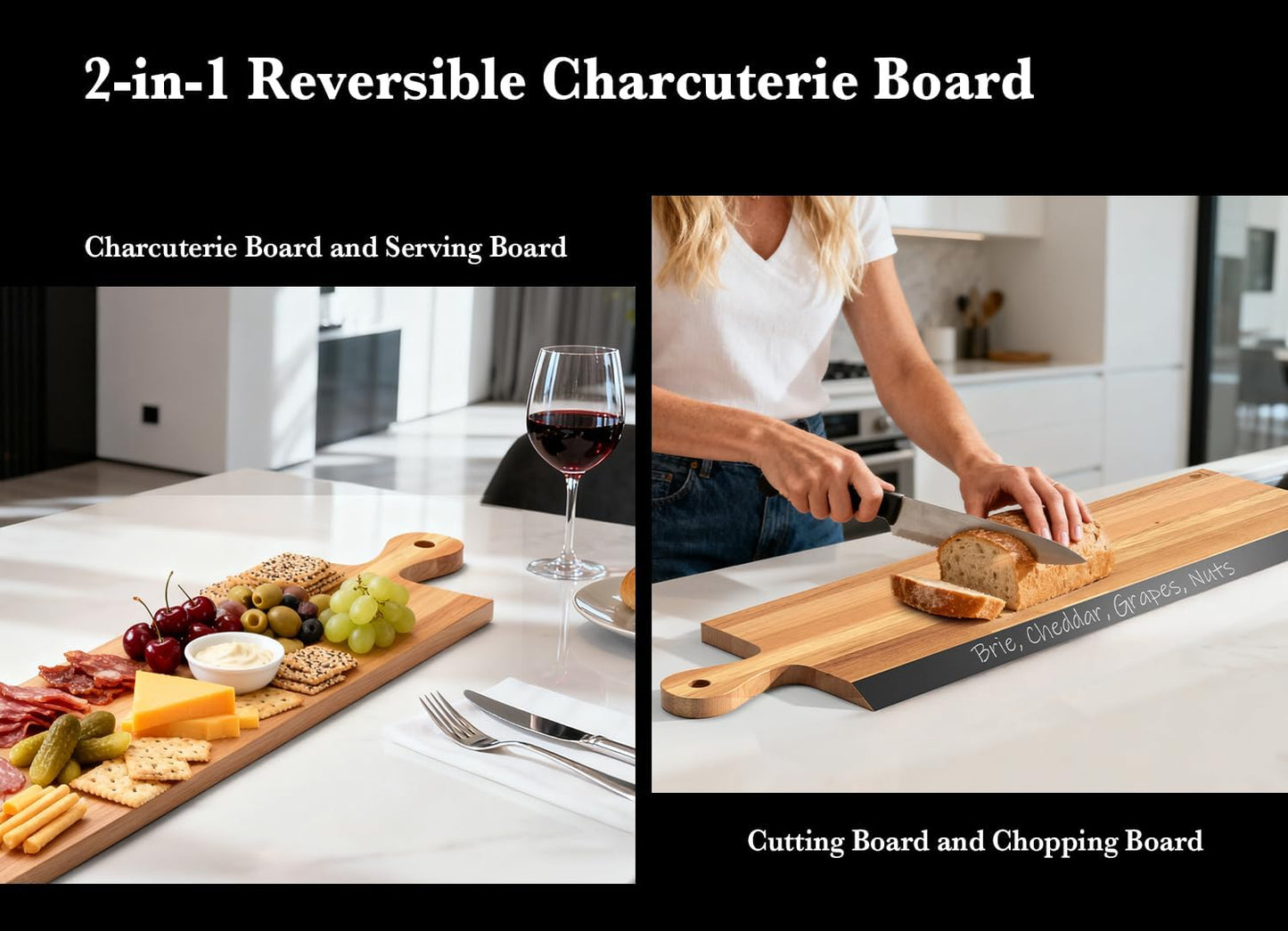 Acacia Wood Cutting Board with Handle, 2-in-1 Reversible Charcuterie Board & Chopping Board, Large 17"x13" Chalkboard Edge Serving Board for Meat & Cheese, Fruit and Nuts, Christmas Gift