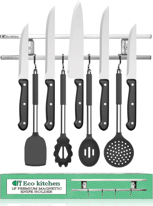 Magnetic Knife Holder for Wall - Stainless Steel Knife Magnetic Strip 18 Inch - Wall Knife Magnet Bar Rack With Hooks