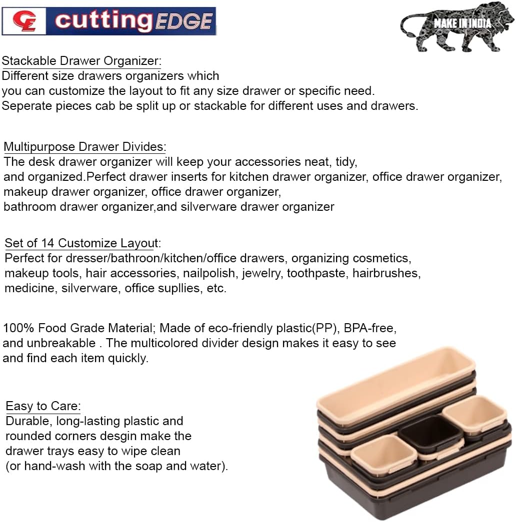 Cutting Edge Plastic Interlocking Cutlery Drawer Desk Organizer Divider Tray (Black and Beige) - 14 Piece
