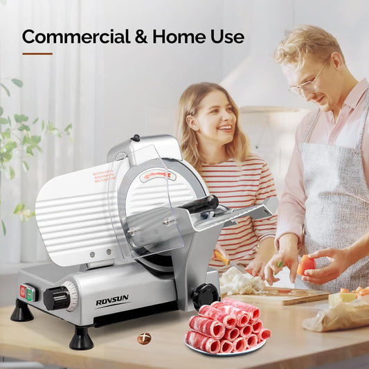 ROVUN 8 inch Commercial Meat Slicer, Electric Food Slicer, 210W Frozen Meat Deli Slicer, 0-13mm Adjustable Thickness, Chromium-Plated Steel Blade for Home and Commercial