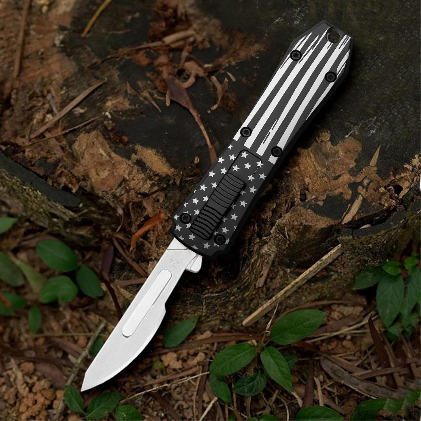 Automatic Utility Knife,All Metal Construction Carbon Stainless Steel Blade,Box Cutter Quick Change Retractable,EDC Push Button with Clip,10PCS #23 Blades Replacement,Stars&Stripes