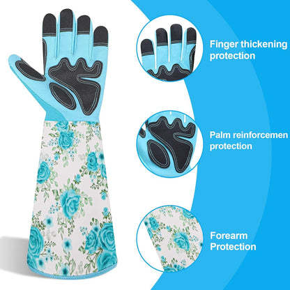 DLY Gardening Gloves for Women, Rose Gloves Gardening Thorn Proof, Long Garden Gloves for Women, Breathable Cowhide Leather Gauntlet (Medium, Blue)