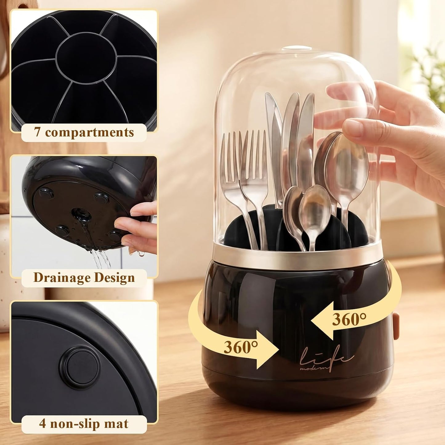 2 Pack 360° Rotating Silverware Organizer, Utensil Holder with Lid for Kitchen Counter Silverware Caddy with Drainage Dustproof Flatware Holder for Cutlery Spoon Fork(Diamond White,3 Slot)