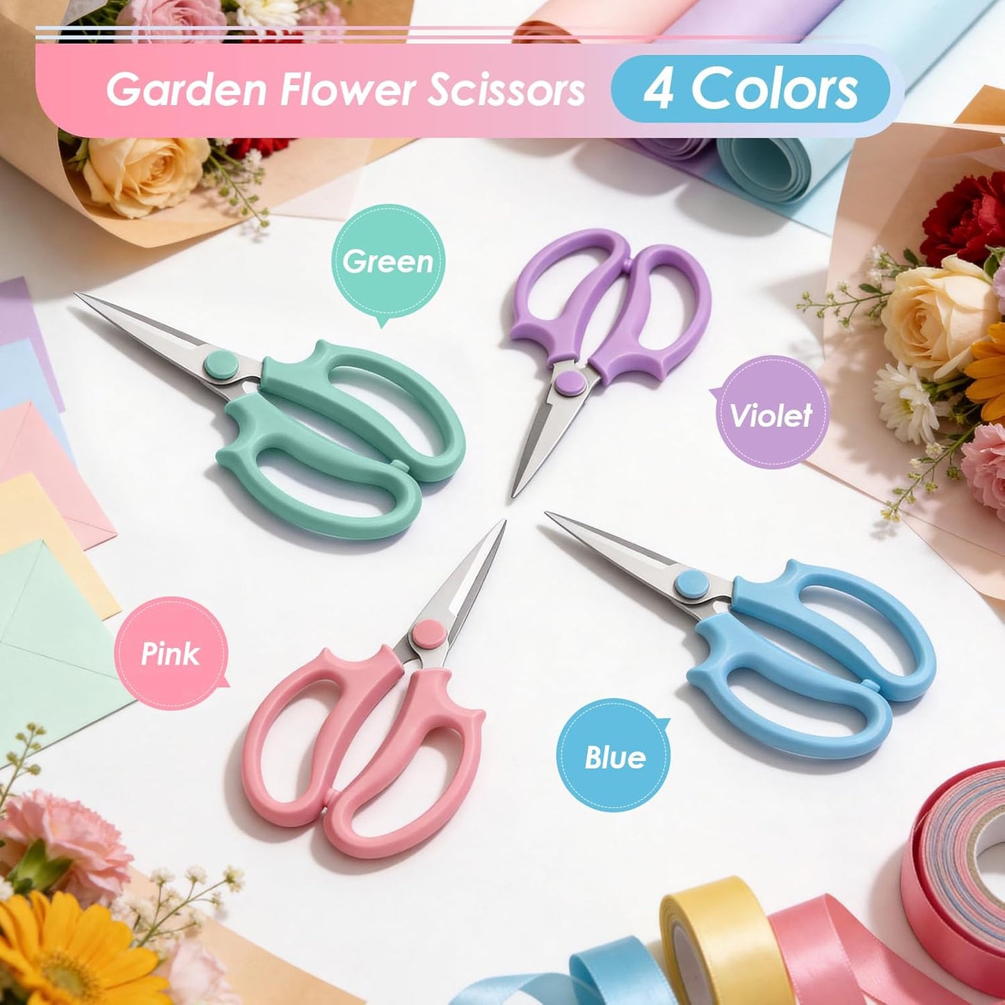 4PCS Flower Scissors, Stainless Steel Floral Scissors, Garden Pruning Shears with Comfort Grip Handle, Perfect for Arranging Flowers, Pruning, Trimming Plants, Gardening Tool