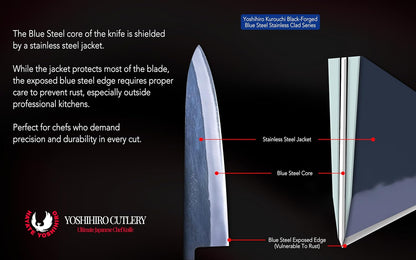 Yoshihiro Kurouchi Black-Forged Blue Steel Stainless Clad Gyuto Chefs Knife and Petty Utility Knife 2pc Set Ebony Handle (Gyuto 210mm & Petty 135mm)