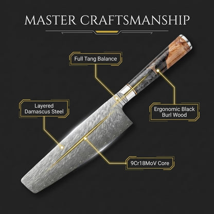 7” Nakiri Knife – Damascus Steel Kitchen Knife with 9Cr18MoV Core, Japanese Vegetable Chef Knife, Ultra Sharp Chopping Knife with Black Burl Wood Ergonomic Handle