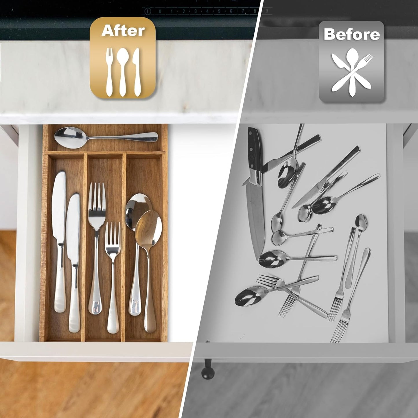 Silverware Organizer Bamboo Kitchen Drawer Organizer Utensil Organizer Silverware Holder Cutlery Organizer in drawer Flatware Organizer Tray (Black 5 Slots)