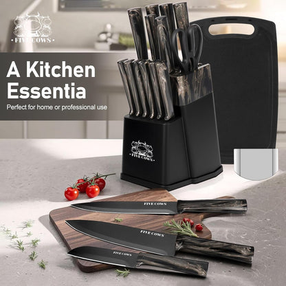 16-Piece Kitchen Knife Block Set with Cutting Board - German Stainless Steel Knives, Built-In Sharpener, Dishwasher Safe, Anti-Slip Handle - All-in-One Cutlery Set for Home/Kitchen (Cyan)