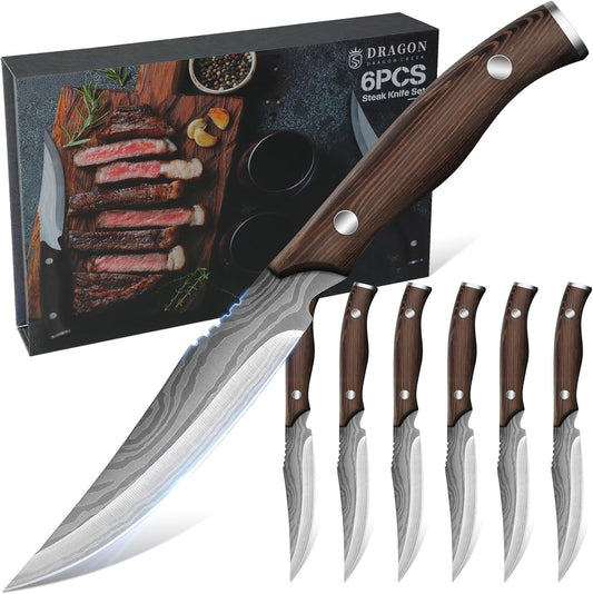 Dragon Creek Steak Knives Set of 6, High-Carbon Steel Steak Knife Set with Wooden Handle, 4.3 Inch Non-serrated Steak Knives, Razor-Sharp Dinner Knives With Gift Box