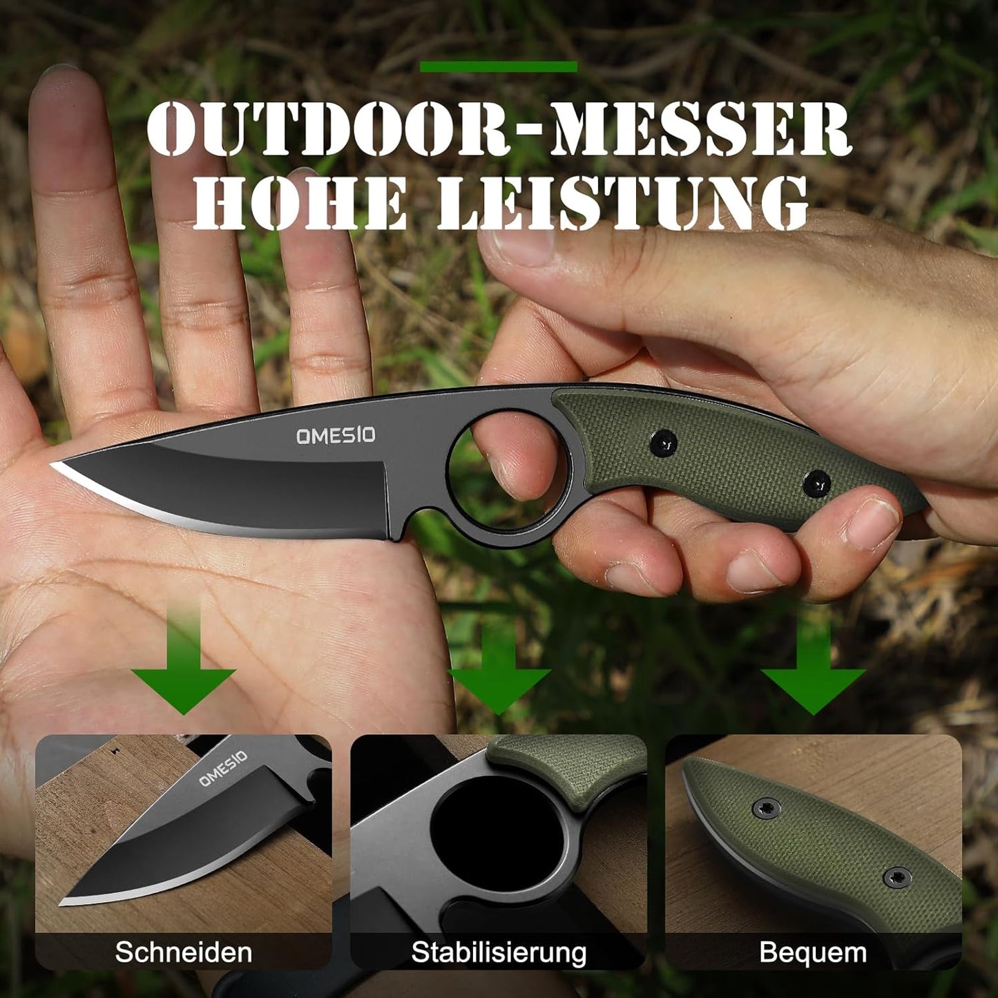 Omesio Small Fixed Blade Knife, Tactical Hunting Camping Knife with Kydex Sheath, Full Tang Stainless Steel Compact EDC Neck G10 Handle with Gift Box for Men (Black)