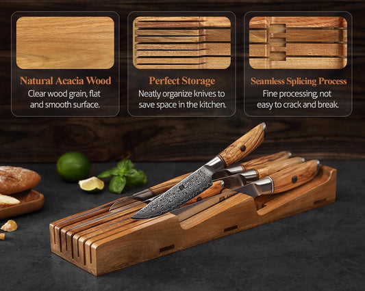 XINZUO In-drawer Knife Block, Natural Acacia Knife Drawer Oganizer, Insert-Kitchen Storage Holder, 11 Slots, Holds up to 11 Various Size Knives, Countertop Saving&Knife Protective