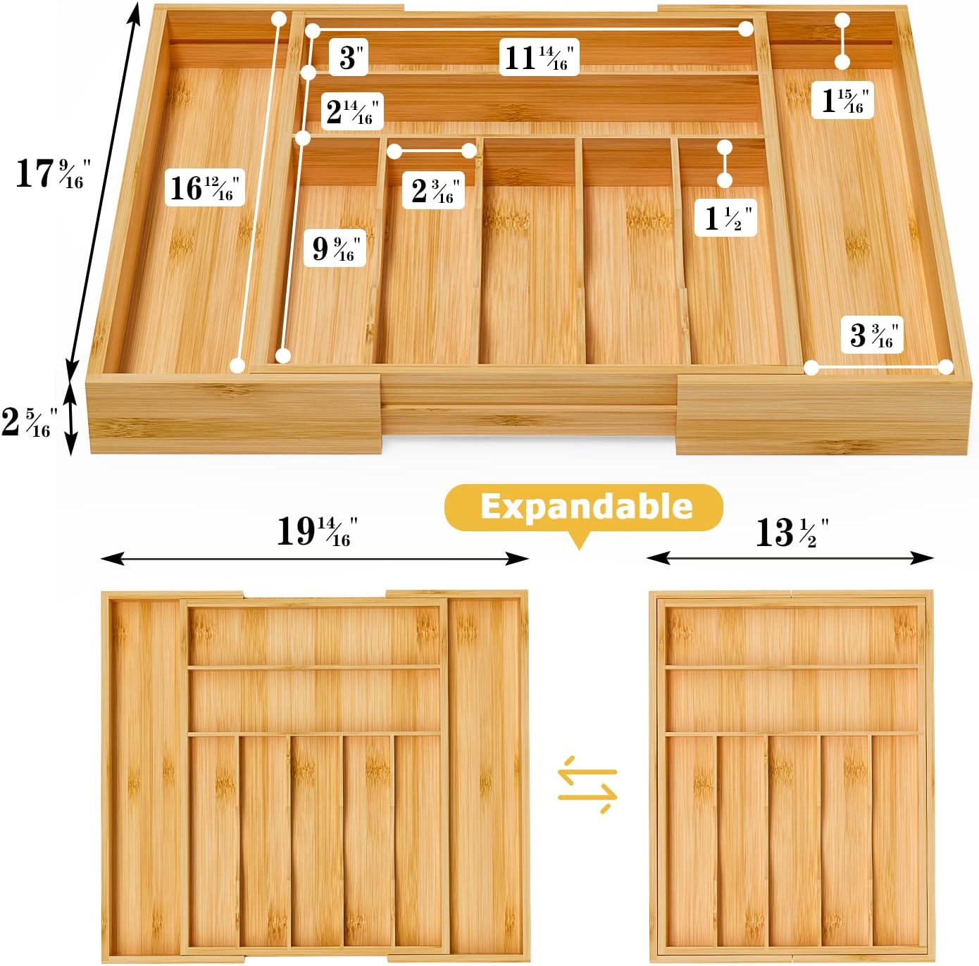 Utensil Organizer Silverware Drawer Organizer - Bamboo Expandable Cutlery Tray with Dividers for Utensil Holder Office Storage Makeup Desk Drawer Tool Organization W13.5"-19.5" x L17.5" x H2.5"(Black) | Expandable