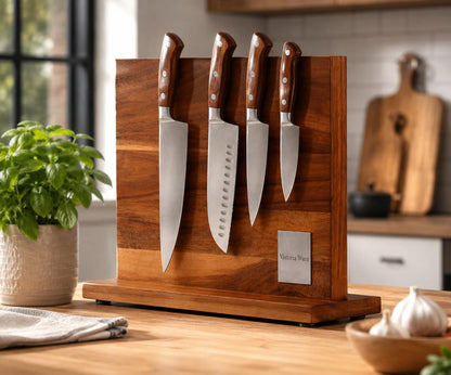 Magnetic Knife Block with Acrylic Shield, Double-Sided Acacia Wood Knife Holder for Kitchen Countertop, Strong Magnet Knife Organizer, Holds 10–12 Knives, Space Saving Storage