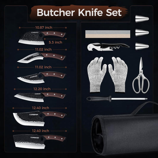 Cleaver Butcher Knife Set of 13, Hand Forged Meat Knife, High Carbon Steel Kitchen Boning for Cutting with Roll Bag & Accessories Kitchen BBQ Outdoor Gift for Men